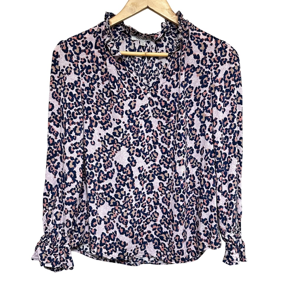 NIC+ZOE Safari Spot Top Blouse Womens XS Blush‎ Ruffle Modern Feminine Viscose